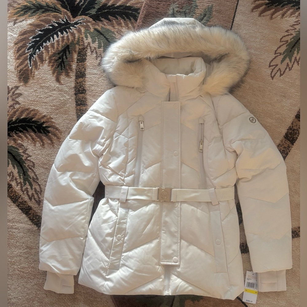 Michael Kors Bone White Coat Belted MK Jacket Fur Hood NWT $280 Super Vibrant - Picture 1 of 15